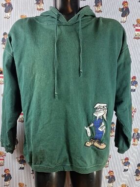Y2k Looney Tunes Golfing Bugs Bunny Green Faded Lrg Box Cut Lightweight Hoodie